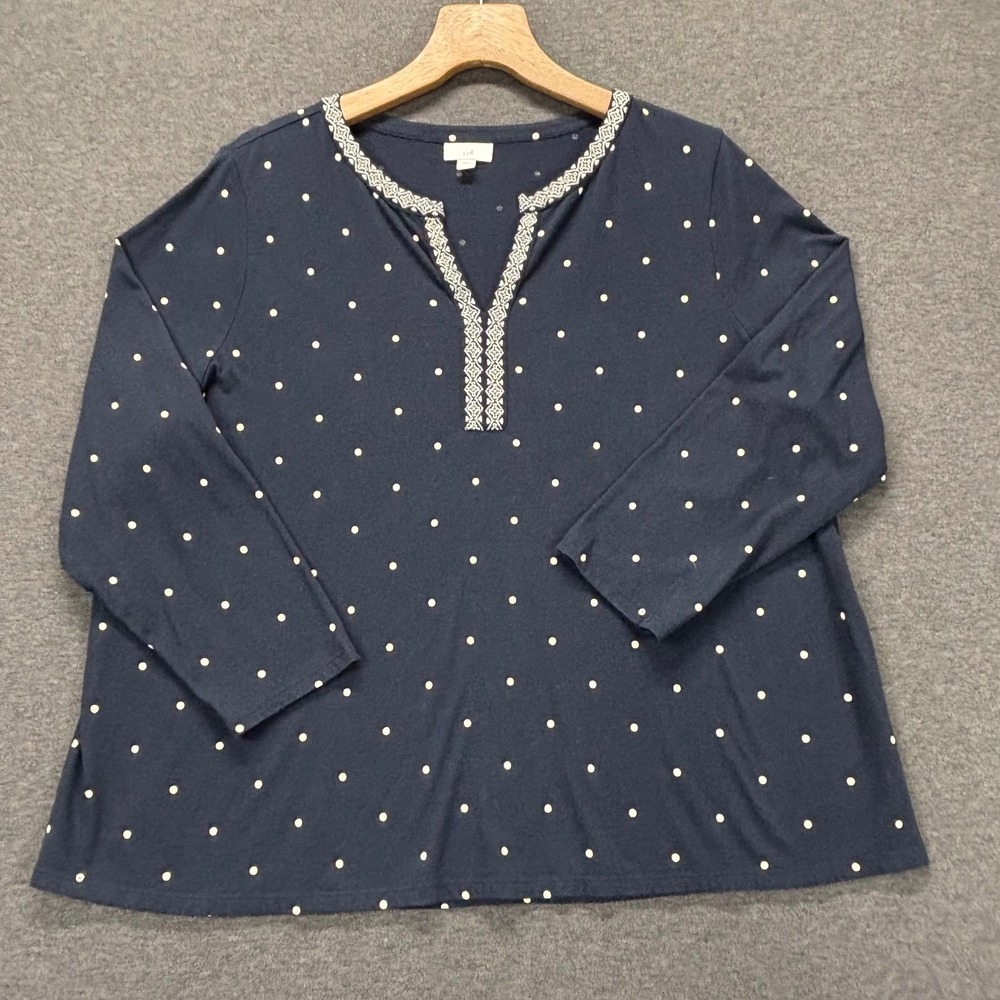 J Jill Top Womens 2X Navy Polka Dot Embroidered V Neck 3/4 Sleeve Tunic Pullover